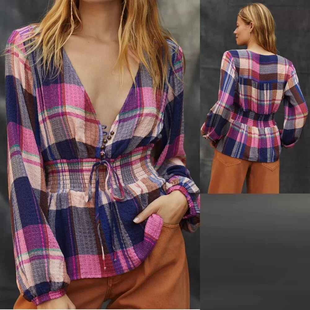 NWT New $98 Pilcro Plaid Deep-V Blouse Size XL